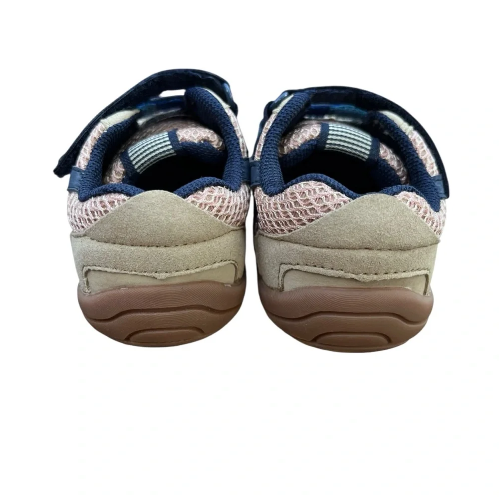 Pediped Gehrig baby shoes in Gingersnap tan and blue with hook & loop straps
